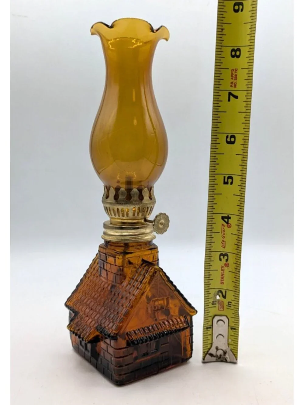 Vintage Cabin Shaped Amber Glass Mini Oil Lamp Lantern Made in Hong Kong 8.5